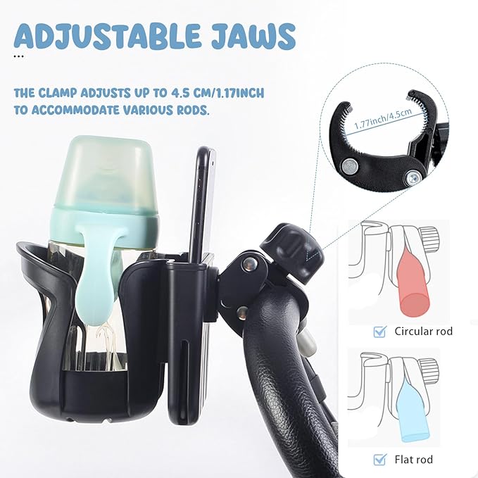 Bike Cup Holder, 2-in-1 Stroller Phone Holder, Bike Water Bottle Holders, Universal Stroller Cup Holder for Kids Adults, Stroller Drink Holder, Uppababy Nuna Doona Cup Holder for Stroller