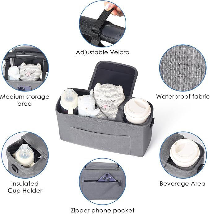 Beberoad Love Stroller Organizer with Cup Holder, Stroller Hanging Bag with Shoulder Strap, Waterproof & Durable Stroller Caddy for Baby Wipes, Bottles, Essentials, Fits Most Strollers (Grey)