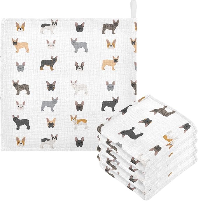 vvfelixl Baby Cotton Washcloths Different French Bulldog Infants Bath Towel for Unisex Puppy Face Towels for Newborn, Natural Baby Wipes Delicate Skin, 11.8 X 11.8 inch, one sizex5