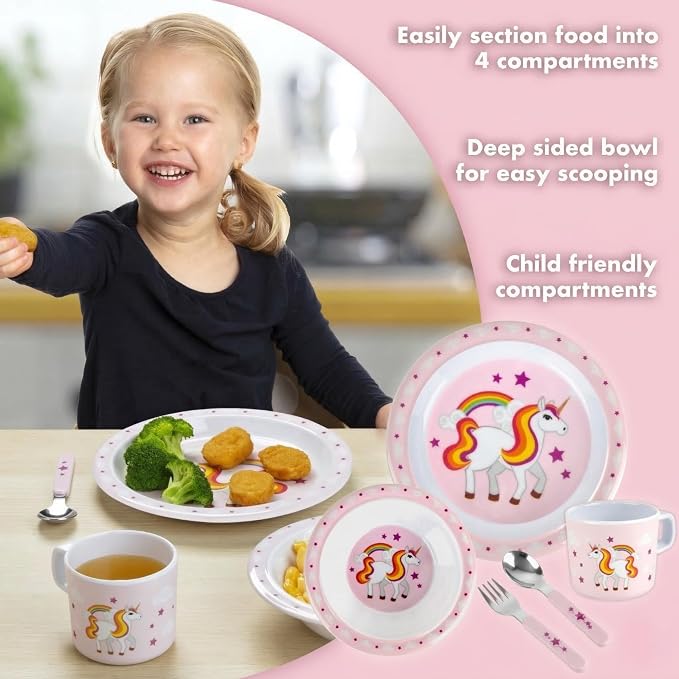 Bentology 5 Pc Mealtime Set for Kids - Unicorn Theme - Includes Raised Edge Plate & Bowl, Cup, Fork & Spoon- Dishwasher Safe, BPA Free- Cute Durable Dish, Easy Self-Feeding- Gift for Toddlers