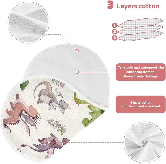 Cute Dragons Pattern Muslin Baby Burp Cloths - Super Absorbent and Soft Burping Rags - Cotton Burp Clothes Set for Boys and Girls, 4 Pack