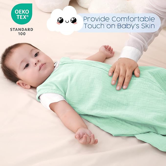 david's kids Muslin Cotton Baby Sleep Sack 6-12 Months, 2 Pack 100% Cotton Sleeping Bag for Summer, TOG 0.5 Baby Wearable Blankets with 2-Way Zipper, Soft Sleep Sacks for Newborn Infant, Grey & Green