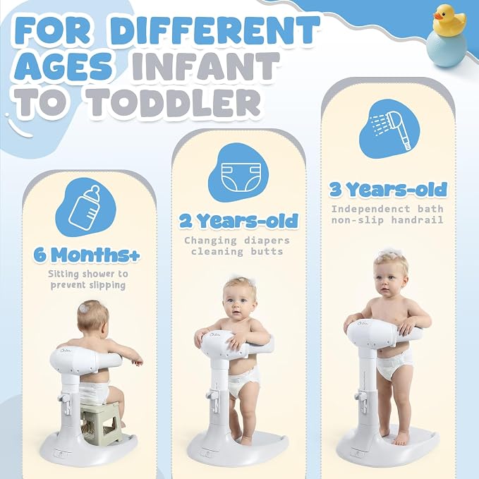 Orzbow Baby Shower Stand, Collapsible Baby Bath Stand with Foldable Chair, Adjustable Height Toddler Shower Standing Support for Infant 6-36 Months, Anti-Slip Base, Easy-Use, Gray