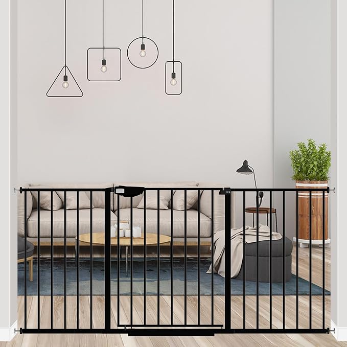 ALLAIBB Triple Lock Extra Wide Baby Gate Pressure Mounted Walk Through Safe Auto Close Black Metal Dog Pet Puppy Cat for Stairs,Doorways,Kitchen 49.21-66.54"