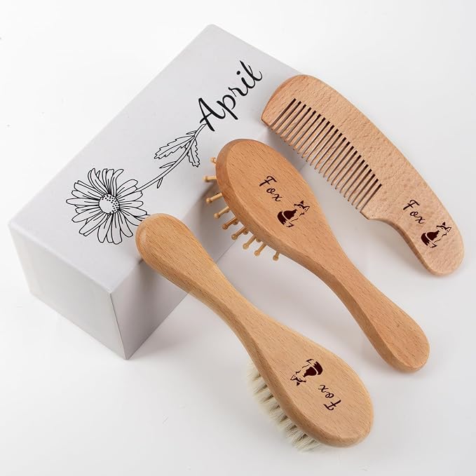 Personalized Baby Hair Brush & Comb Set with Soft Goat Bristles,Custom Laser Engraved Name,Newborn Grooming Kit with Birth Flower Gift Box (April)