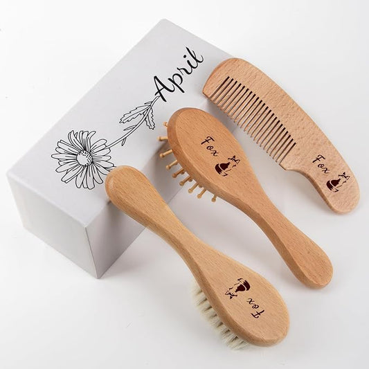 Personalized Baby Hair Brush & Comb Set with Soft Goat Bristles,Custom Laser Engraved Name,Newborn Grooming Kit with Birth Flower Gift Box (April)