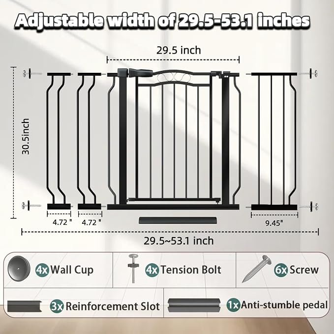 Baby Gate for Stairs 29.53"-53.1" Extra Wide, Pressure Mounted Dog Gate Indoor, Walk Thru Pet Gate for Dog Child,Pet Gates for The House Doorway Black