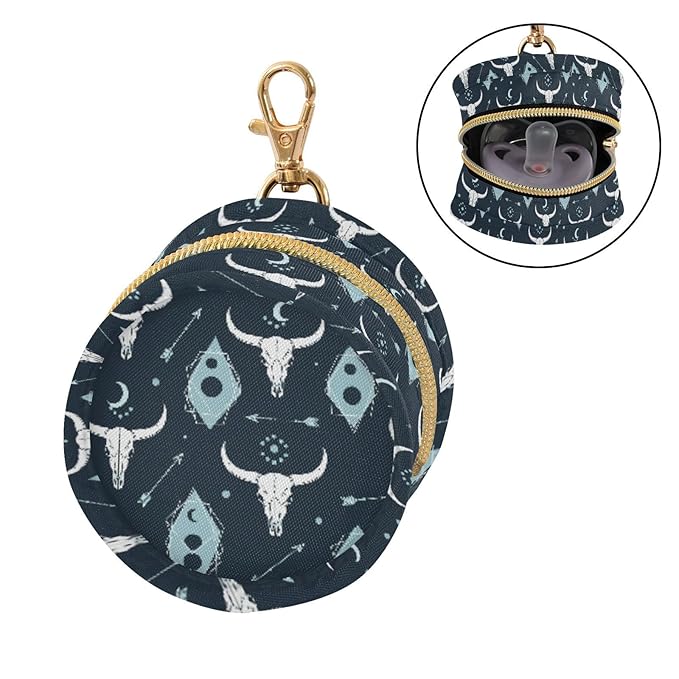 Western Cowboy Skull Blue Print Pacifier Holder Case with Metal Clip Portable Pacifiers Pouch for Travel