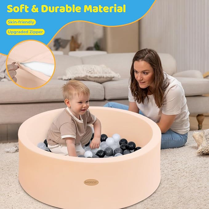 HARBOLLE Baby Ball Pit 35.4" Soft Round Memory Foam Ball Pits NOT Included Balls Indoor Outdoor Playpen for Babies Toddlers Kids Great Gift for Girls Boys, Peach Beige