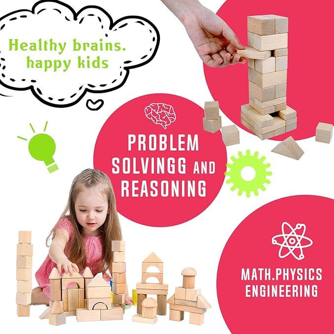 Migargle Wooden Building Blocks Set for Kids - Stacker Stacking Game Construction Toys Set Preschool Colorful Learning Educational Toys - Geometry Wooden Blocks for 3+ Year Old Boys & Girls
