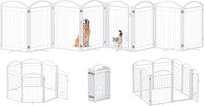 Metal Freestanding Dog Gate with Cat Door for Indoor & Outdoor,30" Tall Foldable Dog Fence,160" Extra Wide Freestanding Pet Gate for Large Openings,RV Camping,Stairs,Deck,Yard,Doorways(8 Panels,White)