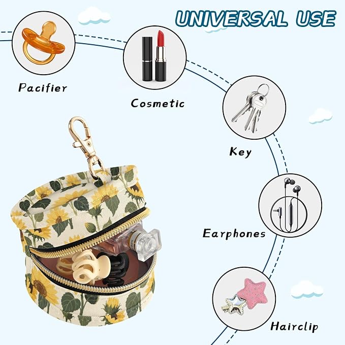 Baby Pacifier Case with Clip, Yellow Sunflowers Portable Pacifier Holder, TPU Lined Dust-Proof Storage Pouch for Diaper Bag and Stroller
