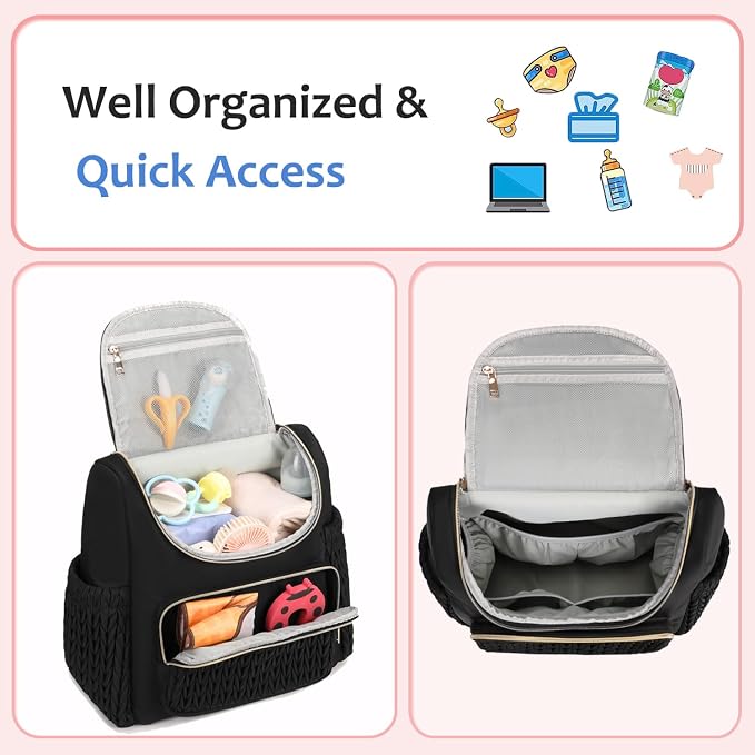 LORADI Diaper Bag Backpack, Baby Shower Gifts, Black | Stroller Clips, Insulated Pockets, Water-resistant, Easy to Clean, Durable