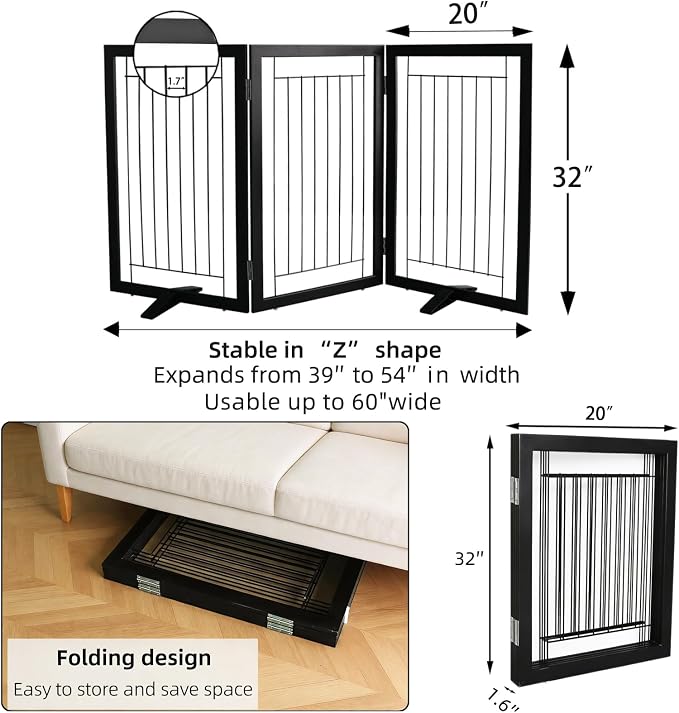 Dog Fence Indoor - 3-Panel Freestanding Dog Gate for Doorways, Hallways, House or Stairs -60x32-Inch Retractable Foldable Expandable Wood Pet by SFJC (Black)