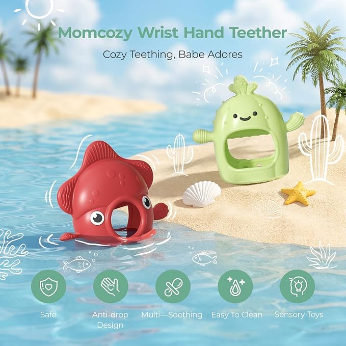 Momcozy 2 Pack Baby Teething Toys, Food Grade Silicone Baby Teethers for 0–12 Months, Baby Teether Mitten Wrist Teether Set, Easy Grip Teething Relief with Multiple Chew Points, Red&Grass Green