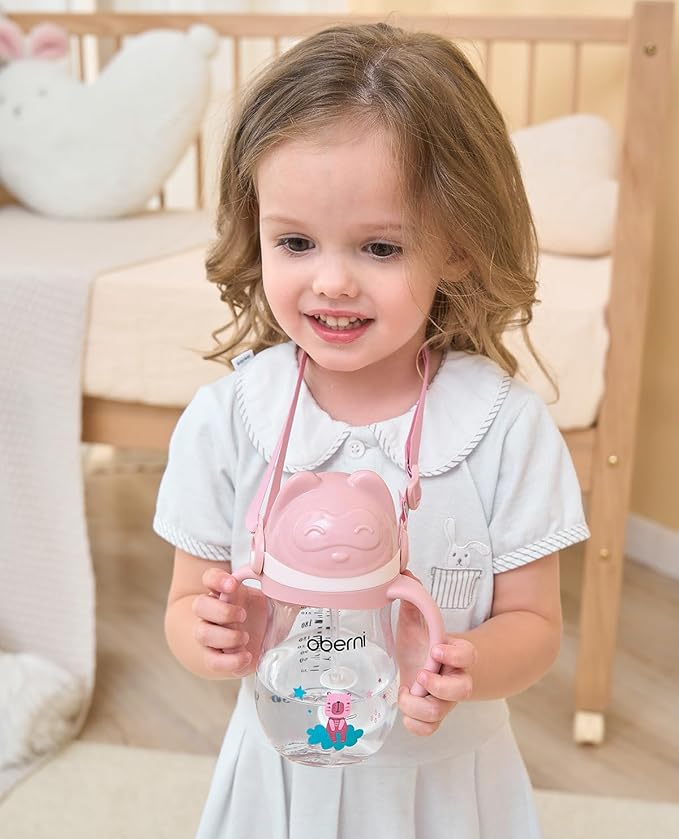 Oberni Toddler Sippy Cup, Tritan Baby Water Bottle With Non-Spill Valve Spout, Removable Handle and Carry Strap, 270ml/12m+/Pink/Pack of 3