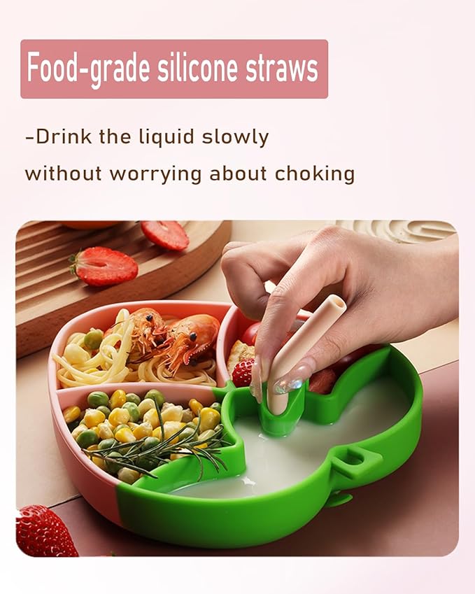 4-Piece Silicone Baby Feeding Set ??Baby Plates with Strong Suction, Toddler Plates Set, Unbreakable Food-Grade Silicone Divided Plate with Spoon, Fork & Bib