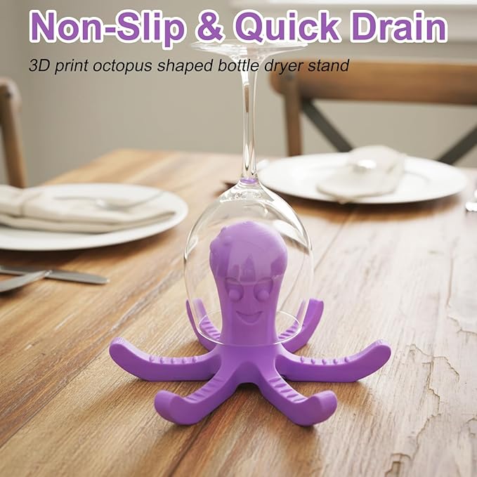 3D Octopus Bottle & Glass Dryer Stand, 4Pcs Printed Fun and Functional Dish Drainer for Cups, Bottles, Mugs, and More - Unique Kitchen Accessory, Non-Slip Design for Efficient Drying