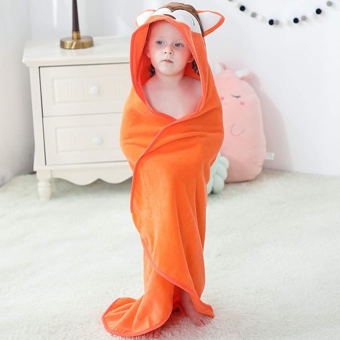 MICHLEY Animal Hooded Baby Towel Washcloth, Toddler Premium Cotton Absorbent Bathrobe for Girls Boys 0-6T (Fox)
