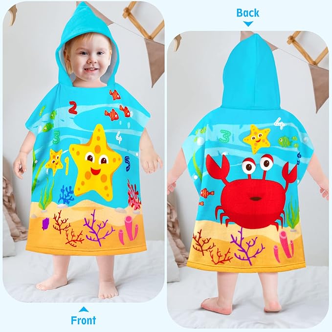 HUANLANG Kids Hooded Beach Towel for Boys Girls,Bath Pool Beach Poncho Towels Super Soft & Absorbent Cotton Towel Childrens Starfish Beach Towels for Toddler 0-7 Years Old