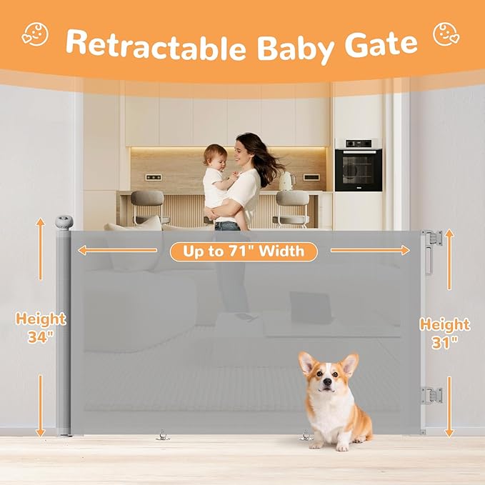 Retractable Baby Gate for Stairs & Doorways, Mesh Safety Gate for Child & Dogs, Child Gate with Door, 34" Tall, Extends Up to 71" Wide Baby Proofing for Home (Gray)