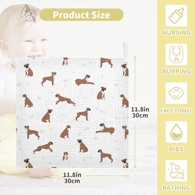 vvfelixl Baby Cotton Washcloths Boxer Dog Infants Bath Towel for Unisex Puppy Face Towels for Newborn, Natural Baby Wipes Delicate Skin, 11.8 X 11.8 inch, one sizex5