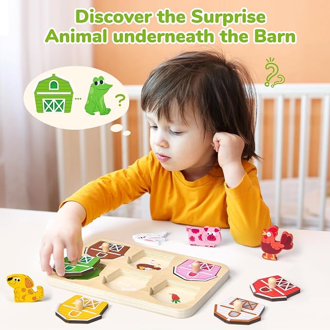 JoyCat Wooden Puzzles for Toddlers 1-3, Montessori Toys for 1 2 Year Old Boy Girl Birthday, Animal Match Farm Peg Puzzles, Preschool Learning Toys for Toddlers Age 1-2 (Pack of 2)