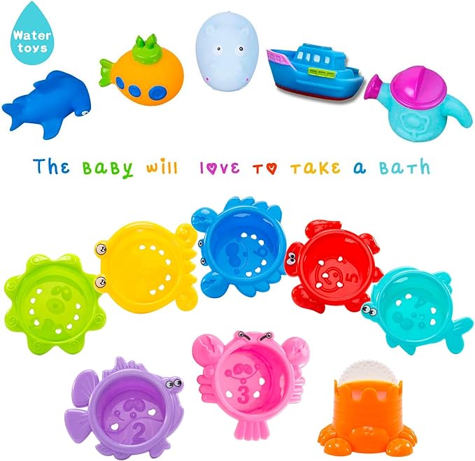 INNOCHEER Baby Bath Toys for Toddlers, Water Table Toys with Mold Free Stacking Cups, Quick Dry Organizer Net, 13 Pcs Bathtub Game, Beach and Pool Party