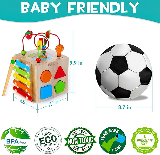 HELLOWOOD Wooden Activity Cube, 8-in-1 Montessori Baby Toys for 1+ Year Old Boys & Girls, Educational Learning Toys for Toddlers Age 1-2, 1st Birthday Gift | Bonus Sorting & Stacking Board