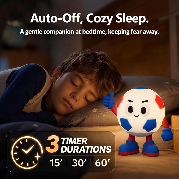 Soccer Gifts for Boys Girls, Soccer Night Light，Soft Silicone with Touch Control, 7 RGB Colors, Auto-Off, Dimmable, Rechargeable 1200mAh, Teen Kids Sports Fan Birthday Gifts (Blue&Red)