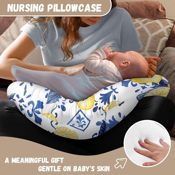 Blue Plaid and Lemon Breastfeeding Pillow Slipcover for Baby Newborn U-Shaped Breastfeeding Pillowcase Cushion Cover Breathable and Washable