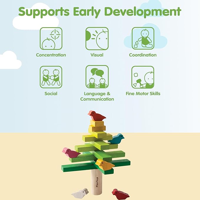 PlanToys® Wooden Balancing Tree Game | Montessori Stacking Toy with Birds for Fine Motor Skills & Coordination | Educational Game for Toddlers, Preschool Kids & Family Play
