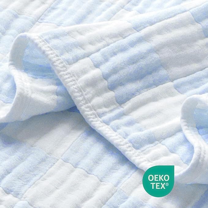 Muslin Baby Blankets for Boys Girls, 70% Cotton and 30% Rayon Blanket for Infant Toddler, Super Soft and Lightweight Blankets with Checkerboard Design Blue 43 x 43 Inches