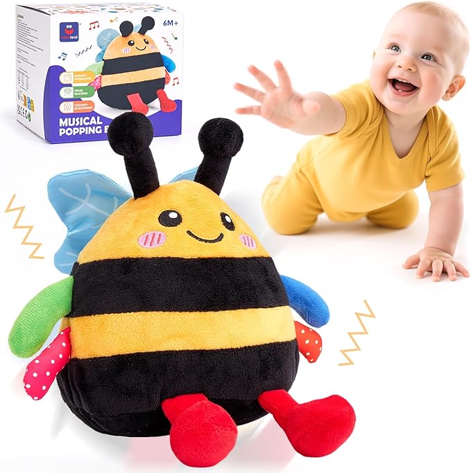 hahaland Baby Toy for 6 + 12 18 Months ??Crawling Musical Dancing Bouncing Learning Bee Plush, Interactive Tummy Time Toy for 1 2 3 Year Old Boys Girls Baby Easter Basket Stuffers