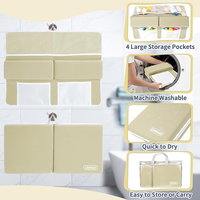 URMYWO Bath Kneeler and Elbow Rest Pad Set - 1.5" Thick Baby Bath Kneeler Pads with Toys Organizer, Anti-Slip Cozy Knee & Arm Support Bathtub Mat, Quick Dry Kneeling Pad for Baby Bath Time