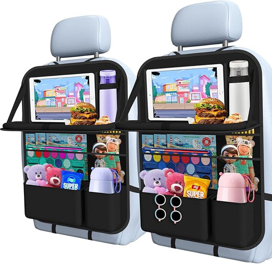 Car Backseat Organizer with table Tray, 9 Storage Pockets Backseat Car Organizer with Tablet Holder, Back seat Organizer for Kids Road Trip Essentials Travel (1Pack)