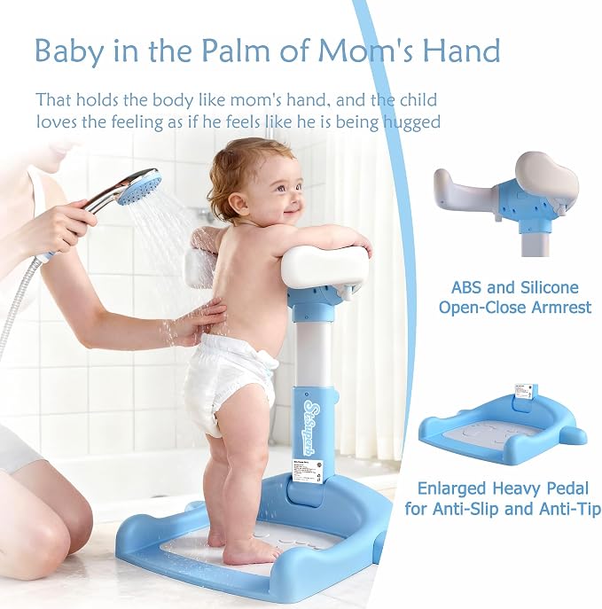 Foldable Baby Shower Stand, Toddler Shower Stand with Anti-Slip Base & Anti-Pinch Silicone, Baby Shower Standing Support 6-36 Months,Baby Stand Up Shower |Soporte para Bañera de Bebé (Blue Whale)