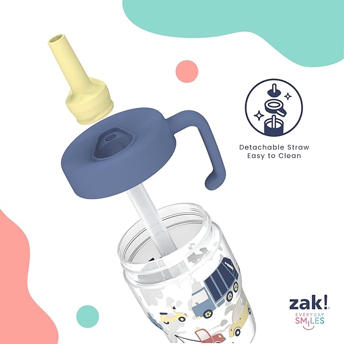 Zak Designs Capri Toddler Tumbler For Travel or At Home, 10oz 2-Pack Durable Plastic Sippy Cups With Handle and Leak-Proof Design are Perfect For Kids (Wheels, Blue)