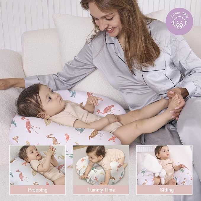 Little Grape Land Nursing Pillow for Breastfeeding, Ergonomic Feeding Pillow with Removable Cover, Baby Feeding Pillow with Hidden Zipper Guard and Supportive Breathable Filling, Birds, Original