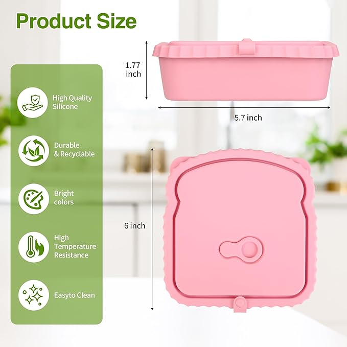 2 Pack Silicone Sandwich Container with Leakproof Lids, 15oz Reusable Lunch Box, BPA-Free Silicone Snack Box, Reusable Toast Container for Sandwiches, Snacks, Office, Travel (Yellow+Green)