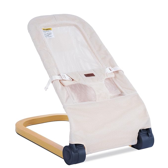 Baby Bouncer,Portable Baby Bouncer Seat & Foldable with 3 Height Adjustments, Ergonomic Bouncer for Babies 0-6 Months, Wood Grain Style, Natural Vibrations, Includes Storage Bag(Mesh Beige)