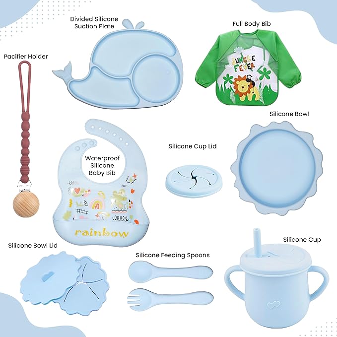 Silicone Baby Feeding Set 14 Pcs | Baby Led Weaning Supplies | Baby Spoons Suction Bowl Divided Plate Bib Cup | First Stage Solid Food Eating Utensils - 6+ Months