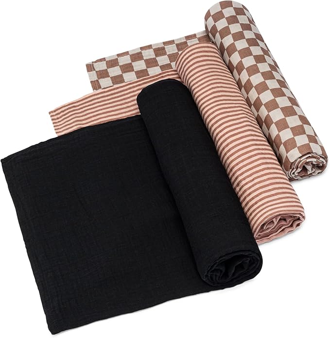 Parker Baby Co. Swaddle Blankets - Pack of 3 of 100% Cotton Muslin Swaddle Blankets for Baby Boys and Girls - Unisex/Gender Neutral - Rosewood Set