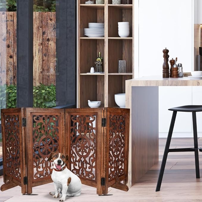 Decorative Wooden Pet Gate, Dog Fence, Cat Gate, Foldable, Adjustable, Portable, Extra-Wide, Wooden Dog Barrier, Free-Standing Puppy Gate 4 Panels for Indoor, Doorways, Stairs-26x52 Inch Antique Burnt