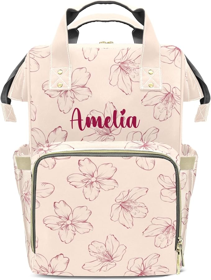 Custom Diaper Backpack, Upgraded Large Capacity Baby Changing Bag, Personalized With Name, Multifuction Mommy Backpack With Insulated Pockets for Boys Girls, Floral