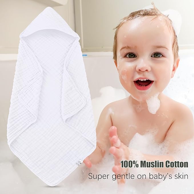 Spotted Play 2 Pack Hooded Baby Towels - 100% Muslin Cotton for Newborns, Infants, Toddlers - Large 32x32Inch Size - Highly Absorbent and Essential for Newborn Care, White and Honey