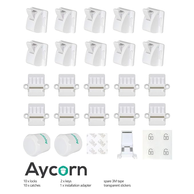 AYCORN Cabinet Locks + 4X Spare Keys - Cabinet Locks for Babies, Magnetic Child Proof Locks for Cabinet Doors, 10 Locks, 2 Keys + 4X Replacement Spare Keys