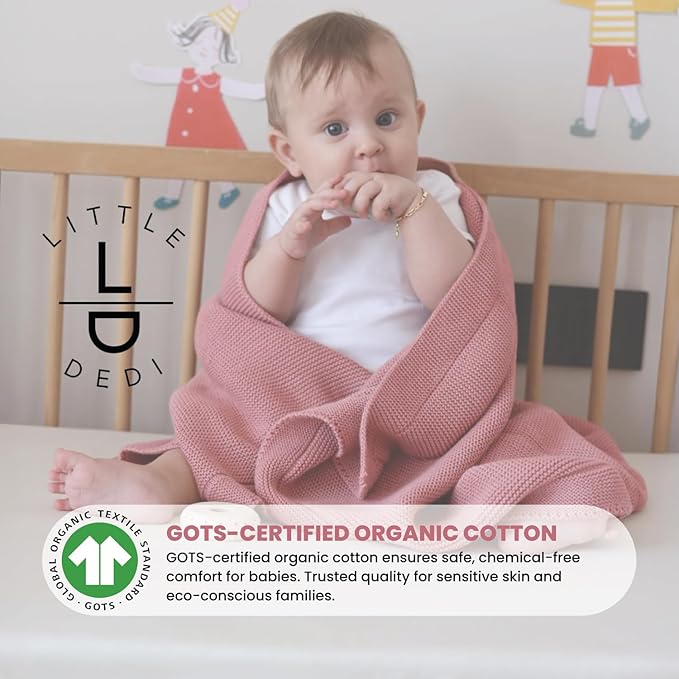 100% Organic Cotton Baby Knitted Blanket with Gift Box - Soft Toddler, Crib, Stroller Blanket - Neutral Swaddle and Receiving Blanket for Newborns, 30"x40", Pink