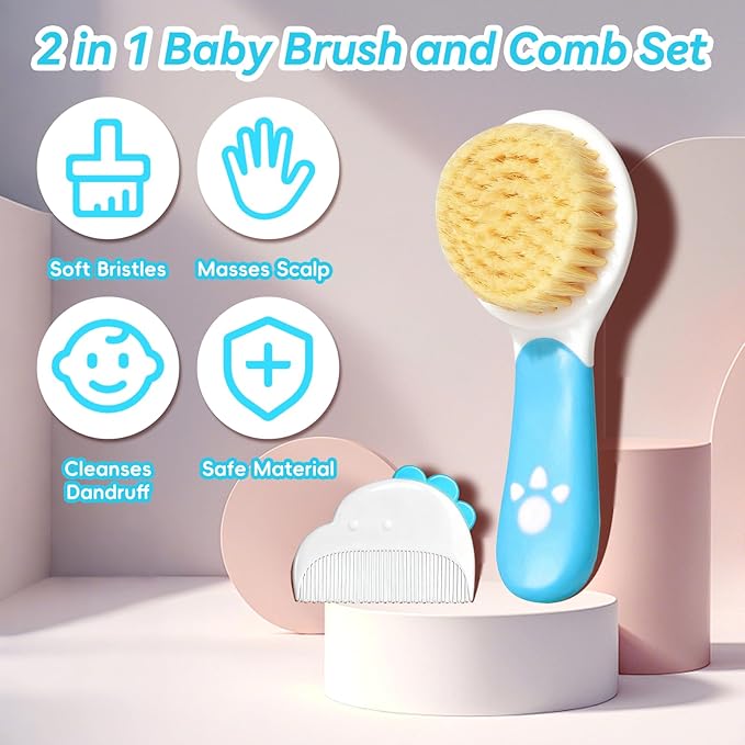 Baby Hair Brush and Comb Set, Soft Bristles Cradle Cap Brush for Newborns, Toddlers, Baby Registry Gift (Blue)