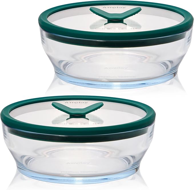Anyday 2-Pack (4-Cup Shallow) Glass Food Storage with Glass Lids | Plastic-Free Meal Prep & Microwave Cookware | Stackable Airtight Storage Container with Vented Lid for Microwave-Safe Reheating